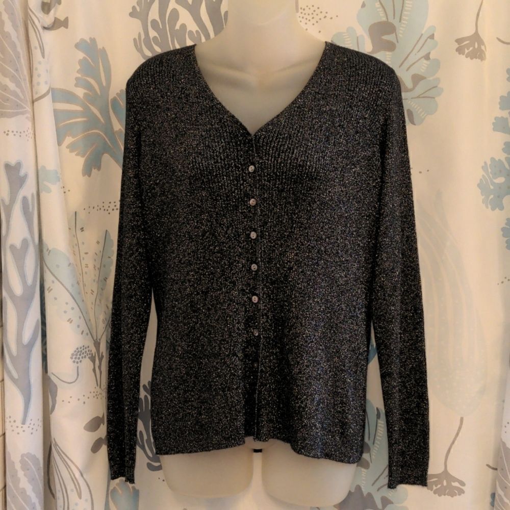 Petite Sophisticate Charcoal Grey + Silver Silk Blend Cardigan Sweater Sz M